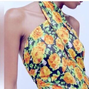 Zara Women's Yellow Multi Floral Cross Twist Neck Halter Top Bodysuit Small NWT